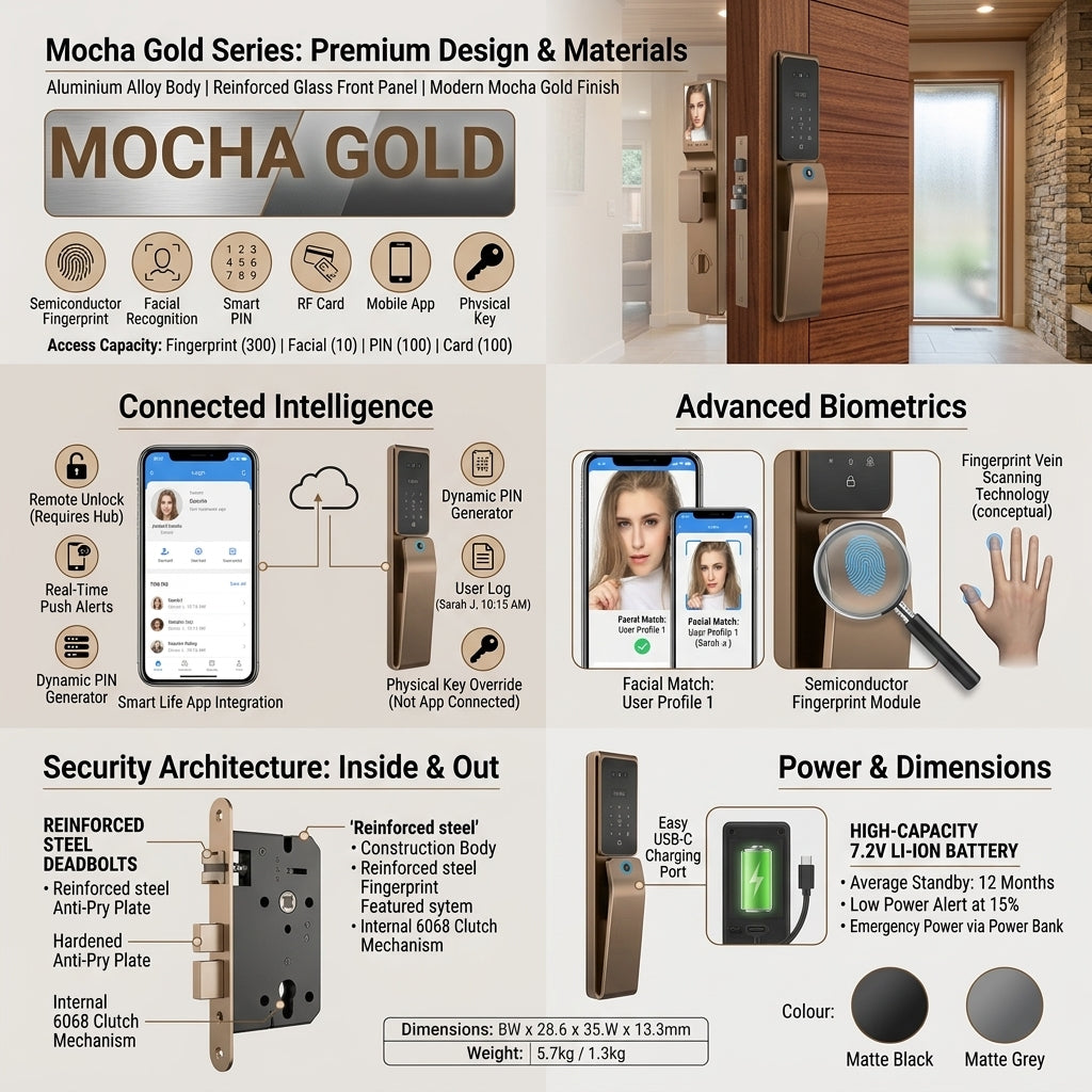 Aluminium Alloy Smart Door Lock with Face Scan, Fingerprint and PIN Access