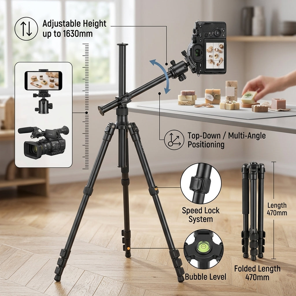 Foldable Aluminum Tripod with 4-Section Legs, Bubble Level and 1630mm Adjustable Height