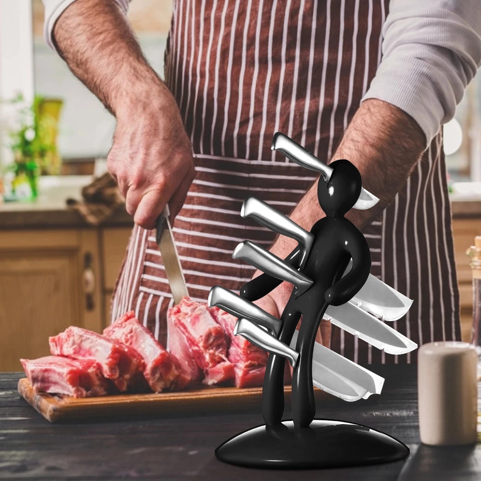 Creative Humanoid Knife Holder 5-Slot Stainless Steel Kitchen Rack in Black Finish