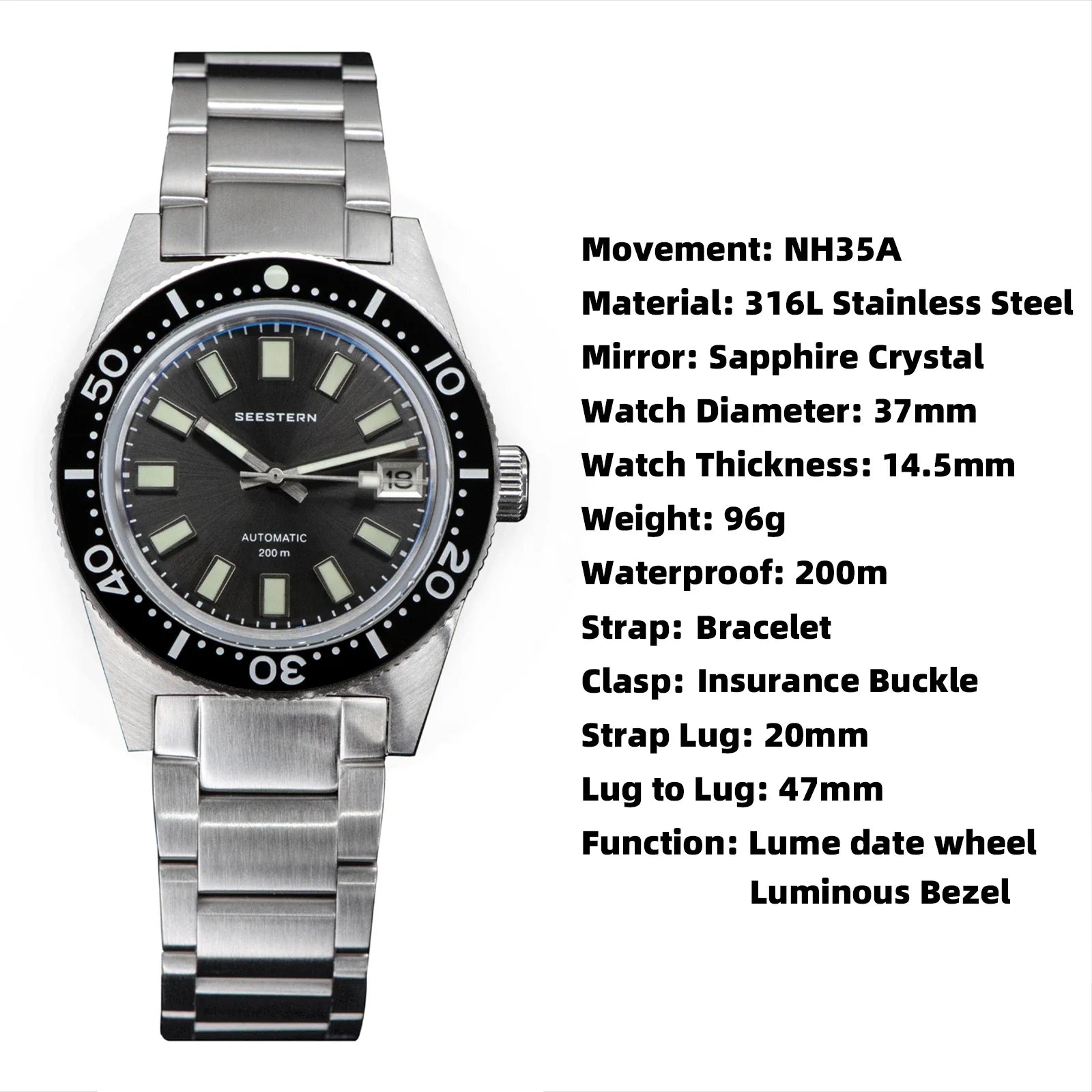 200m Waterproof Automatic Dive Watch with Luminous Bezel – Black