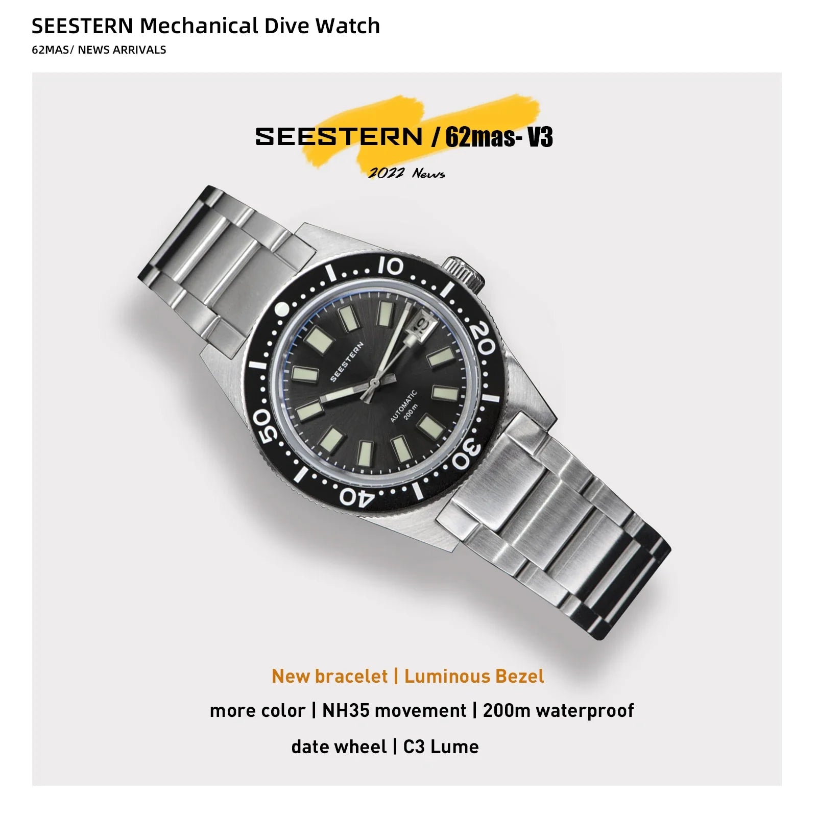 200m Waterproof Automatic Dive Watch with Luminous Bezel – Black
