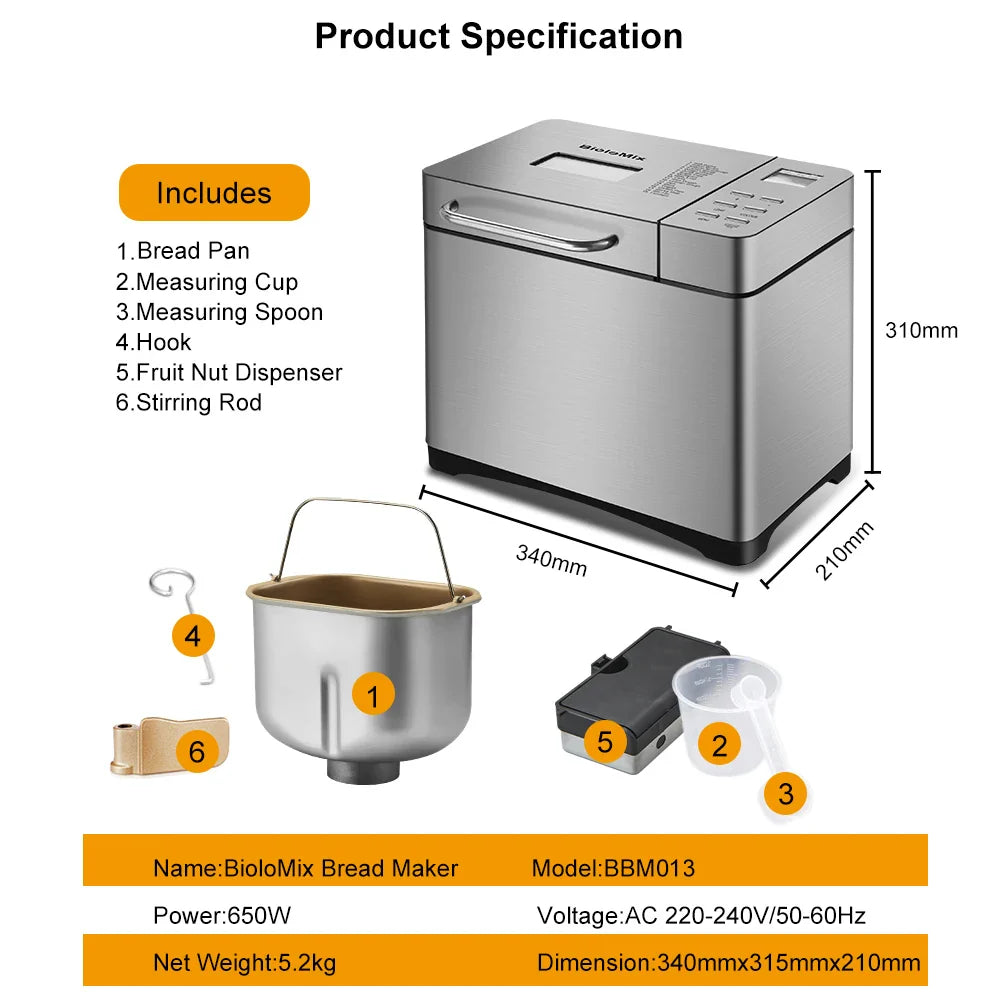 1KG Automatic Bread Maker with Fruit and Nut Dispenser