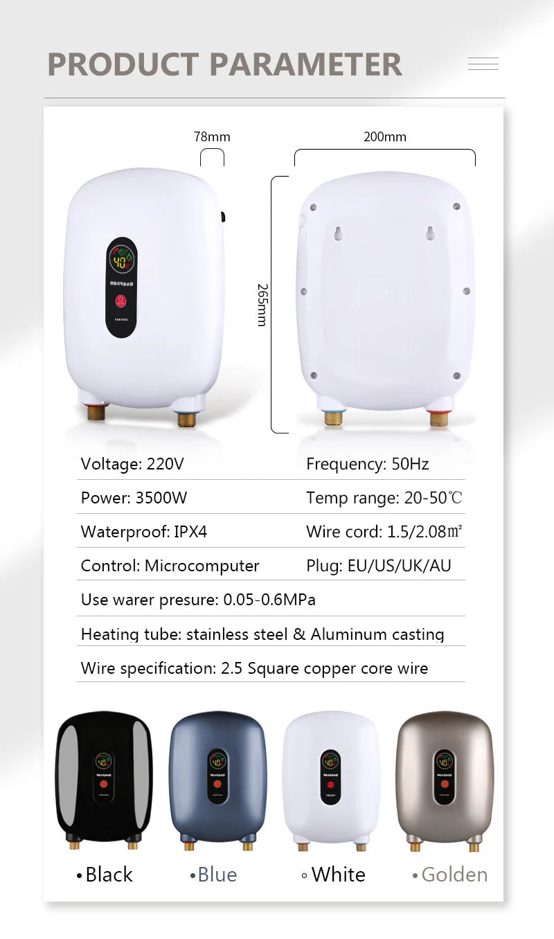 Golden 3500W Electric Tankless Hot Water Heater for Kitchen & Bathroom Use