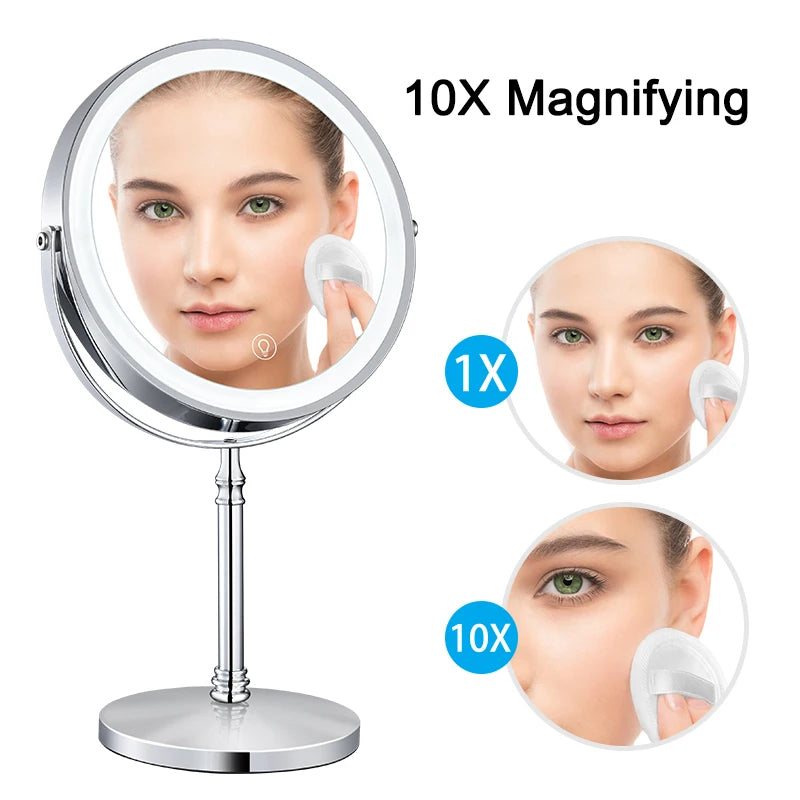 Portable 8" Tri-Light Mirror with 10X Zoom, USB Rechargeable, Adjustable Angle, Gold Design