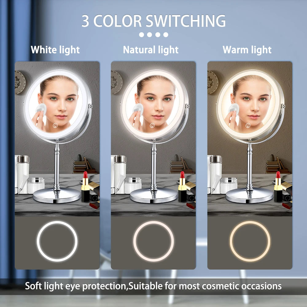 Portable 8" Tri-Light Mirror with 10X Zoom, USB Rechargeable, Adjustable Angle, Gold Design