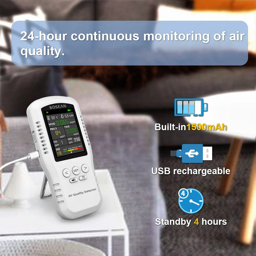 Smart Home Air Quality Detector – PM2.5, TVOC, Formaldehyde, LCD Display