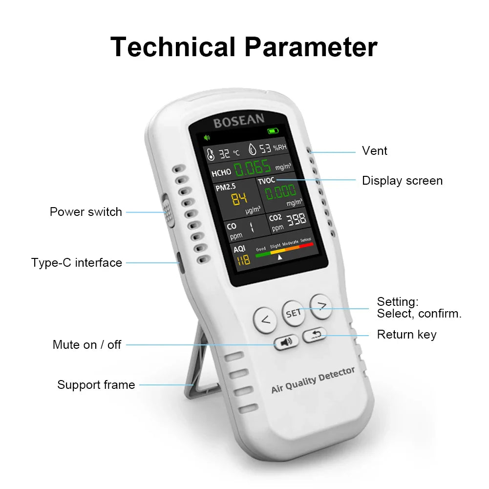 Smart Home Air Quality Detector – PM2.5, TVOC, Formaldehyde, LCD Display