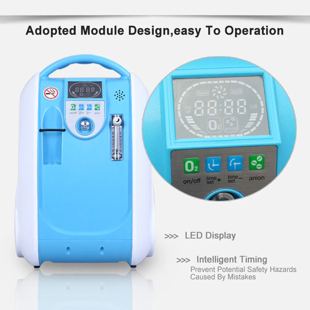 Portable 5L Oxygen Concentrator with LED Display Continuous Flow, Low Noise, Home & Travel Use