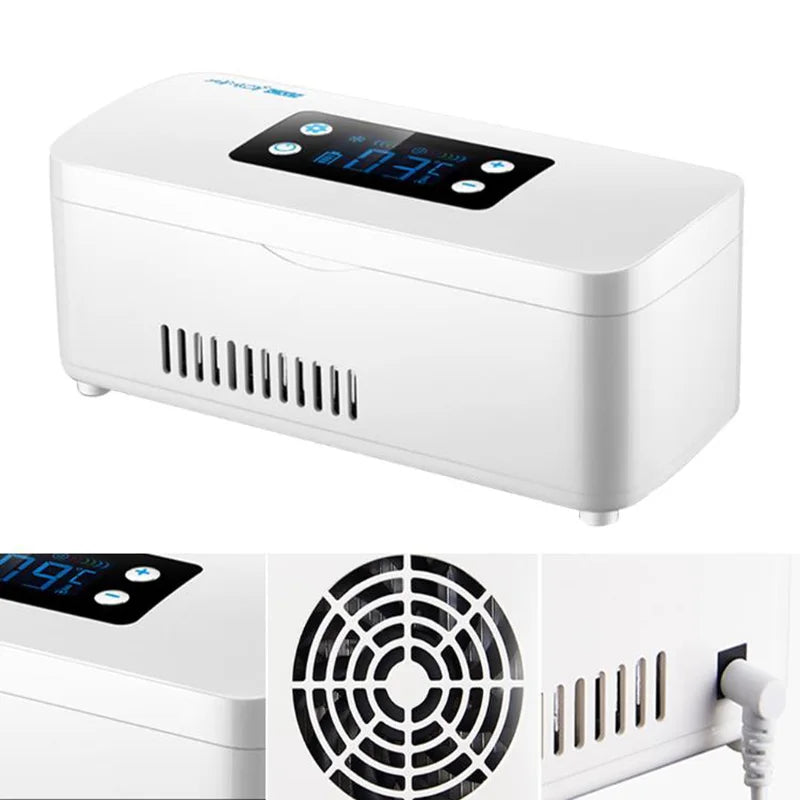 White Portable Insulin Fridge with LCD Display, 7800mAh Battery, 2–8°C Cooling for Travel Use