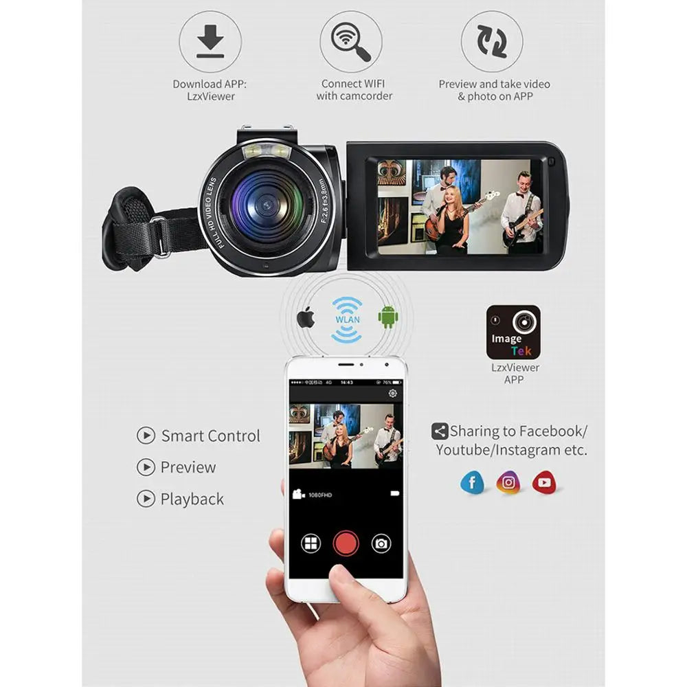 1080p Camcorder with Wi-Fi, IR Night Vision & Mic
