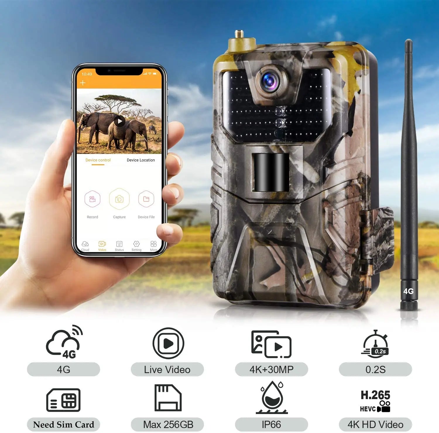 Outdoor Wildlife Camera with Live APP View, 30MP, 4K Video and 20m Night Vision
