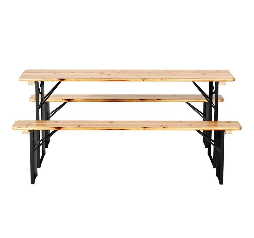 3pc Wooden Outdoor Dining Set with Folding Table and Benches – Seats 6