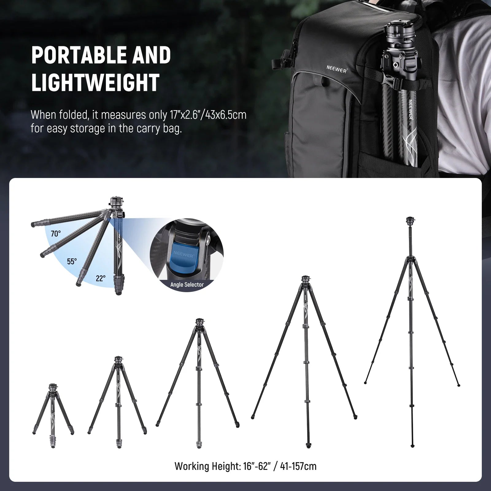 Lightweight Travel Tripod 62" with 360° Rotation & Arca Plate