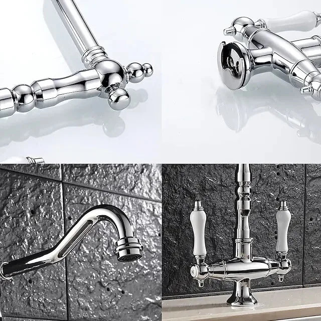 Antique Brass Kitchen Mixer Tap with Dual Handles and 360° Swivel Spout