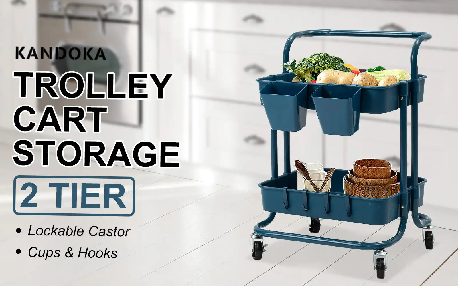 Portable 2-Tier Storage Trolley Cart – Swivel Organizer Shelf for Kitchen & Bathroom (Blue)