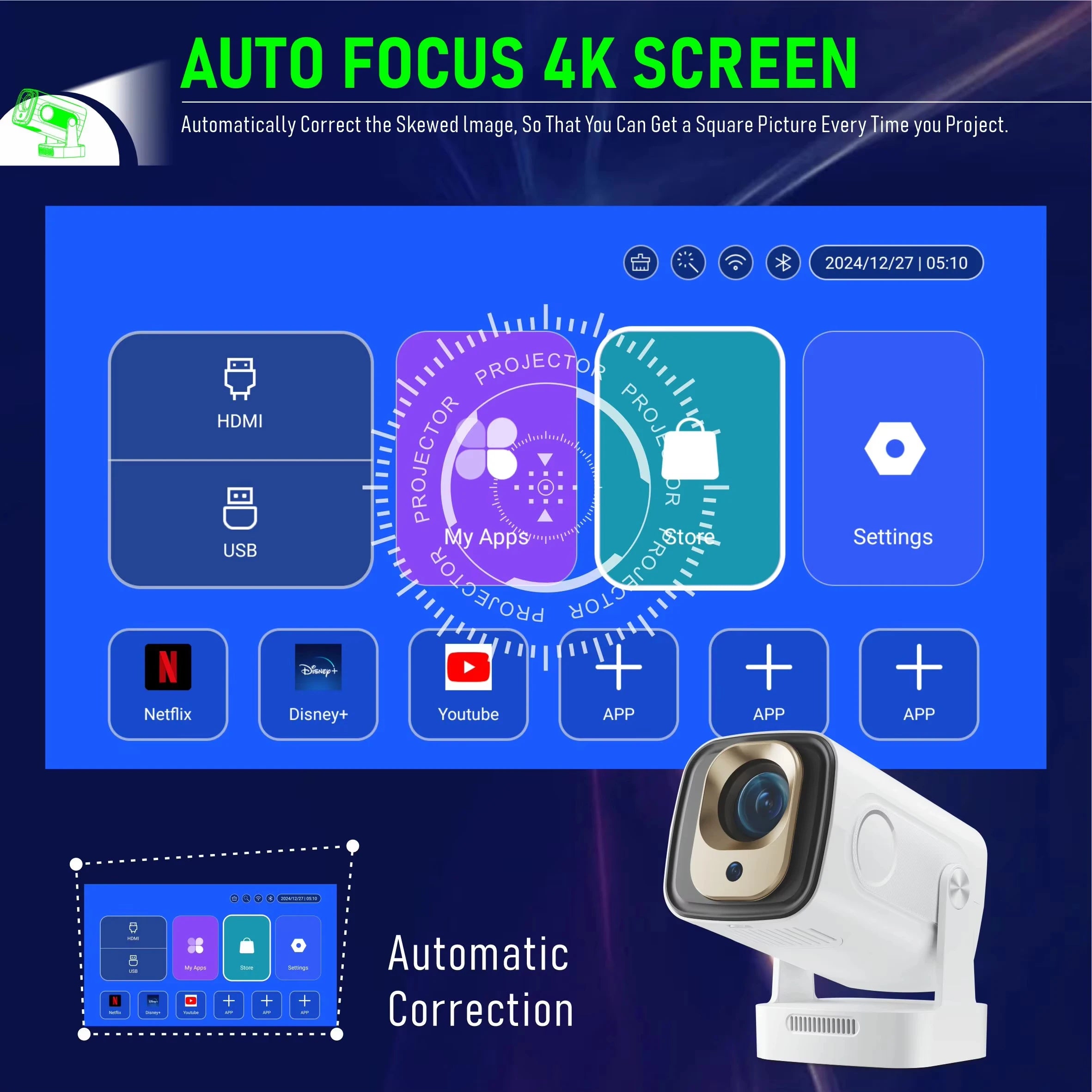 Portable 4K LED Projector with Bluetooth & Android 11