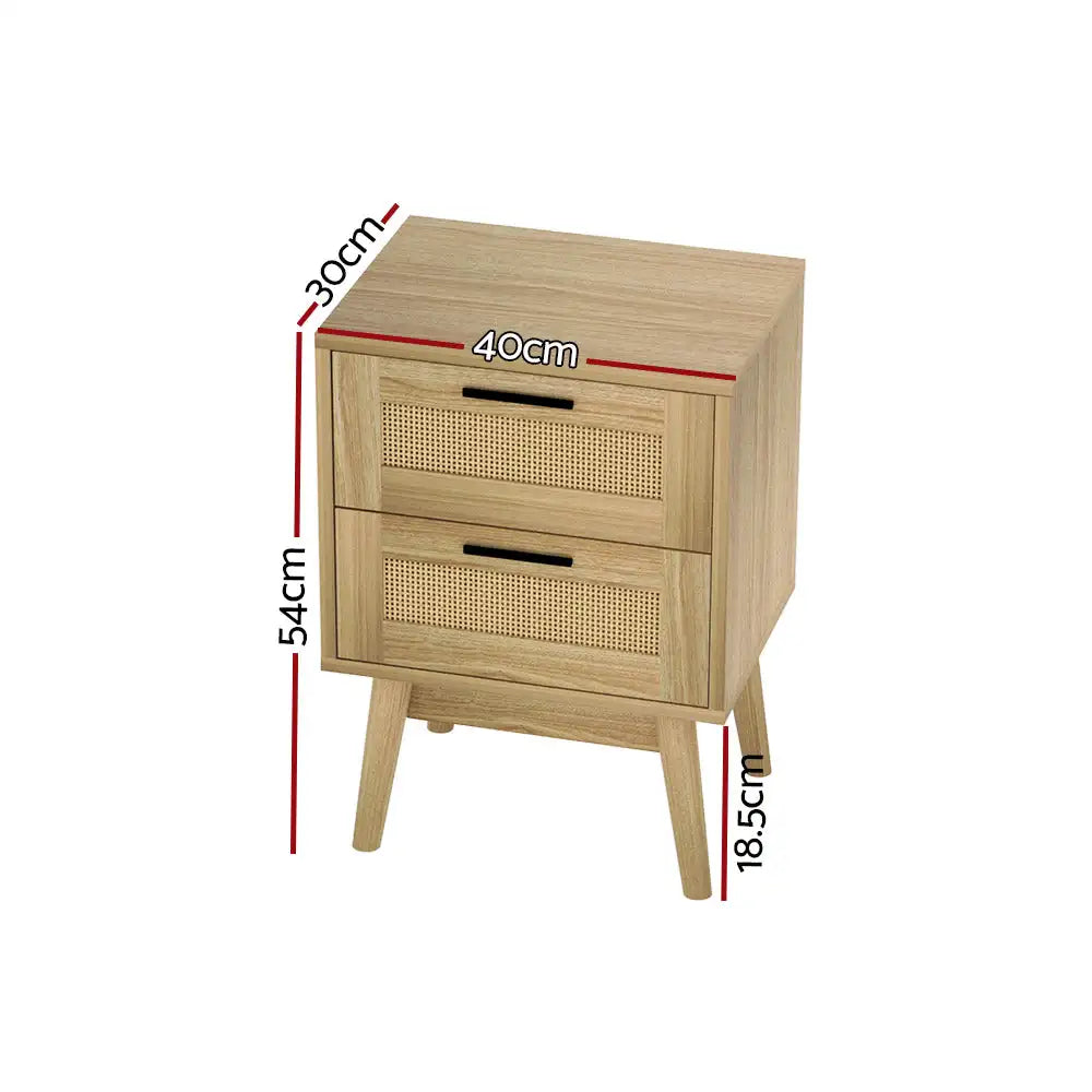 1. 2-Drawer Rattan Bedside Table with Open Shelf & Solid Wood Legs – 54cm Height