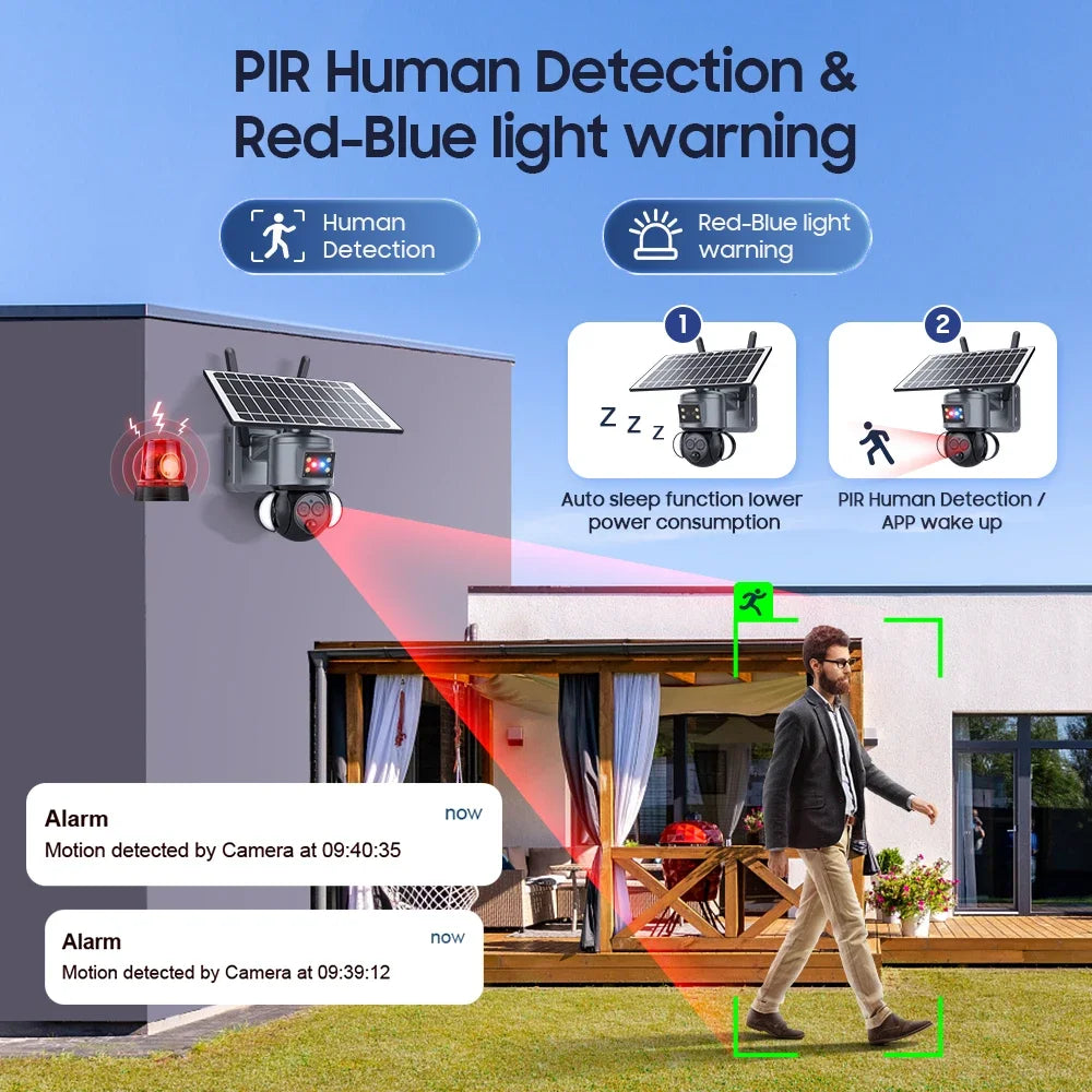 Outdoor Solar PTZ Security Camera 4K 8MP, Dual Lens, 12X Zoom, Night Vision, WiFi/4G Wireless