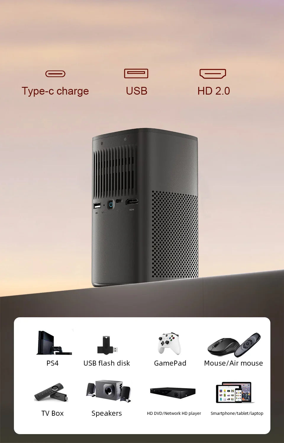 Handheld Home Theater Projector with Auto Focus & Speakers