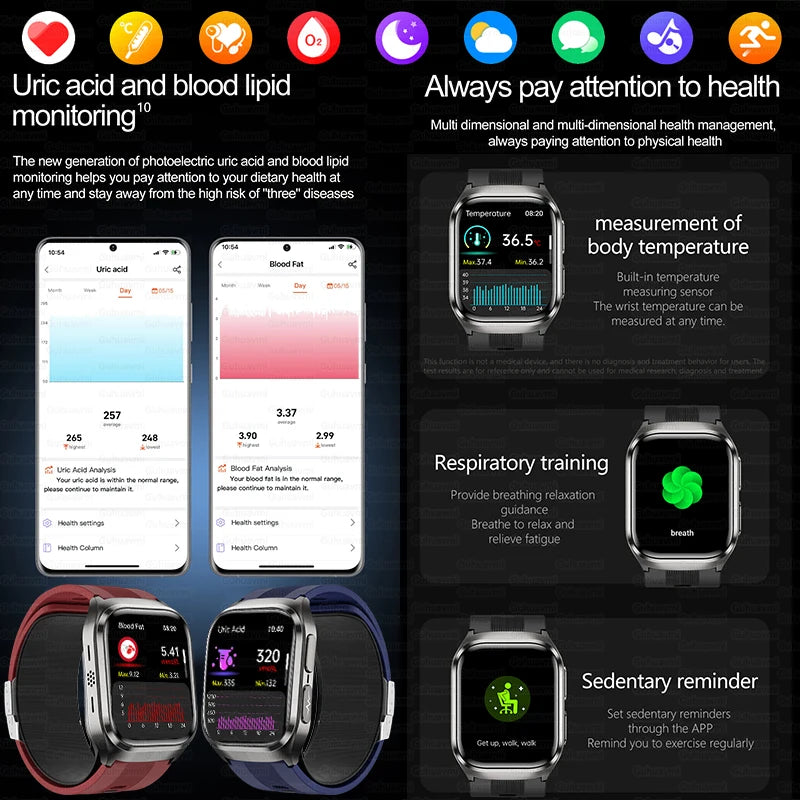 2.06" AMOLED Smart Watch with ECG, Temp & SpO2 Blue Air Pump Strap, IP68, 12-Day Battery