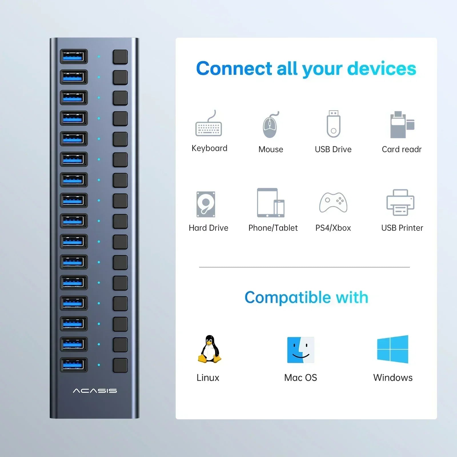 16-Port USB 3.1 Hub with Power and Switches