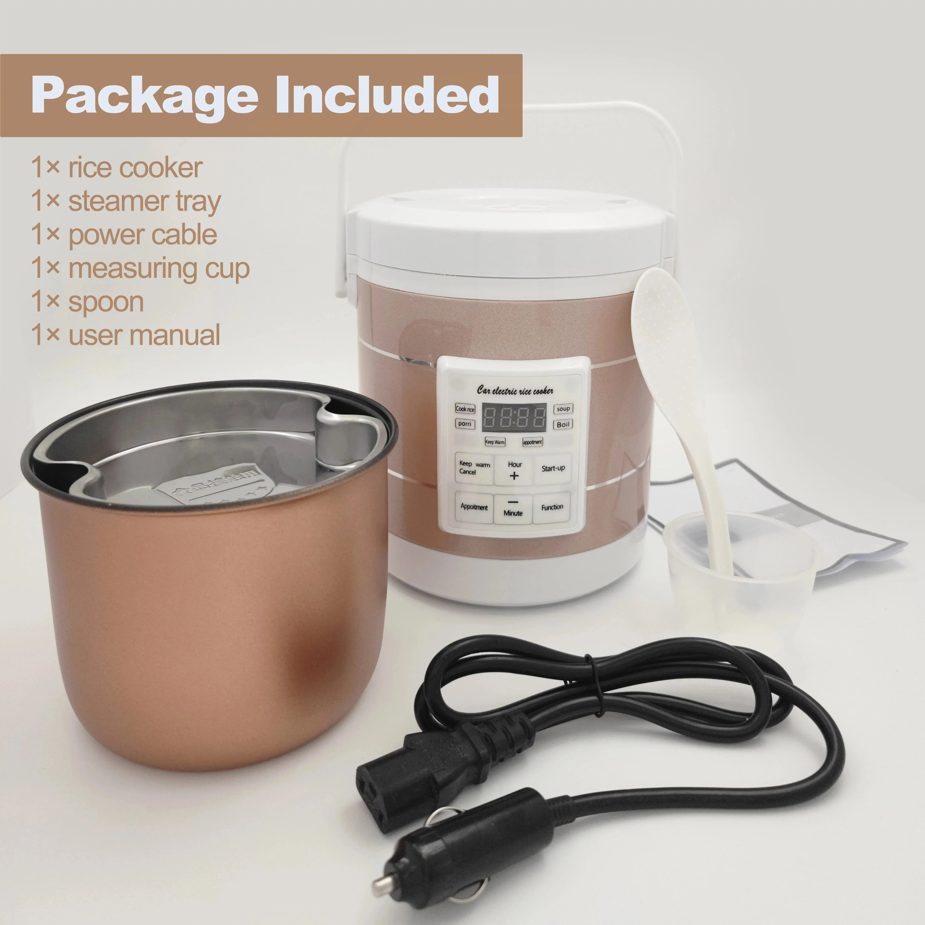 Travel Rice Cooker for Car or Home 12V/24V Dual Voltage, 1.6L Capacity, Non-Stick Inner Pot