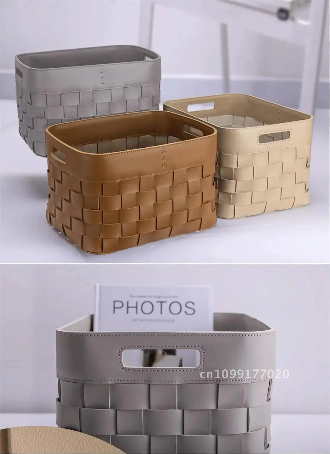 12L Leather Woven Storage Basket Round, Foldable & Soft Interior style4