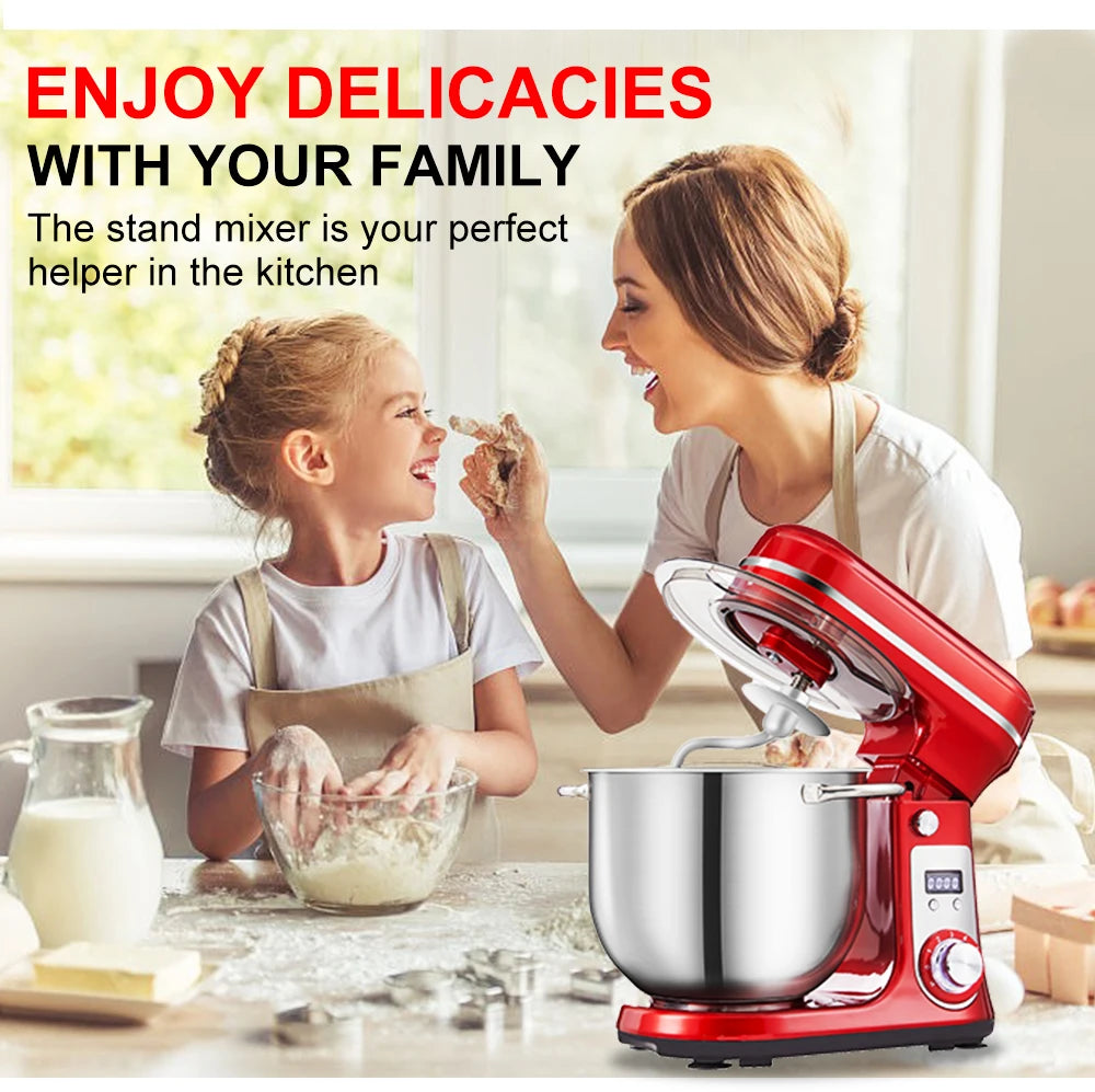 Red 1200W Kitchen Stand Mixer 6L, 6-Speed, Quiet Motor