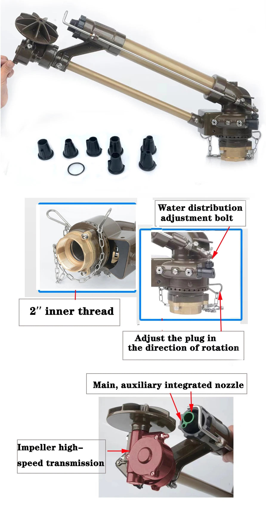 2" Long-Range Agricultural Sprinkler 360° Automatic Gear Drive, Heavy Duty Metal Rain Gun