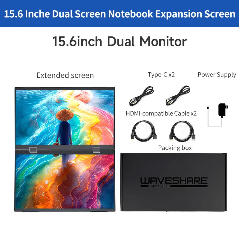 15.6" Dual-Screen Foldable IPS Monitor, Dual 1080p