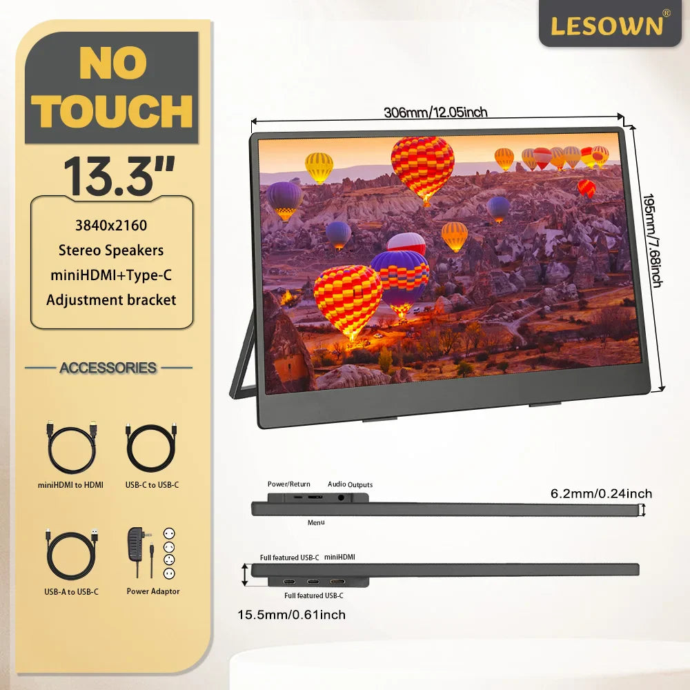 13.3" 4K Portable Monitor with USB-C and HDMI