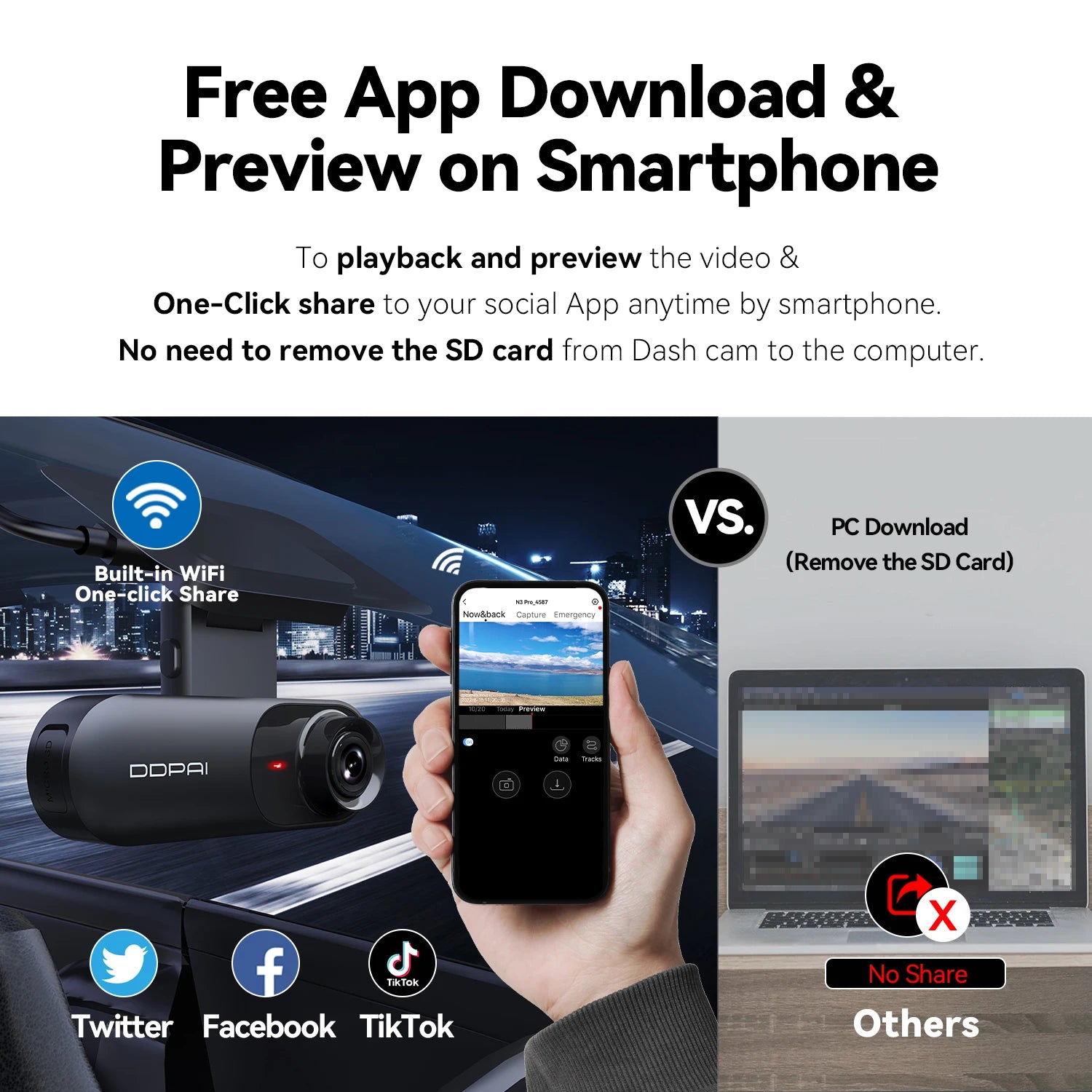 2.5K Front and Rear Dash Cam with WiFi, Dual Lens, 140° Wide Angle & Loop Recording