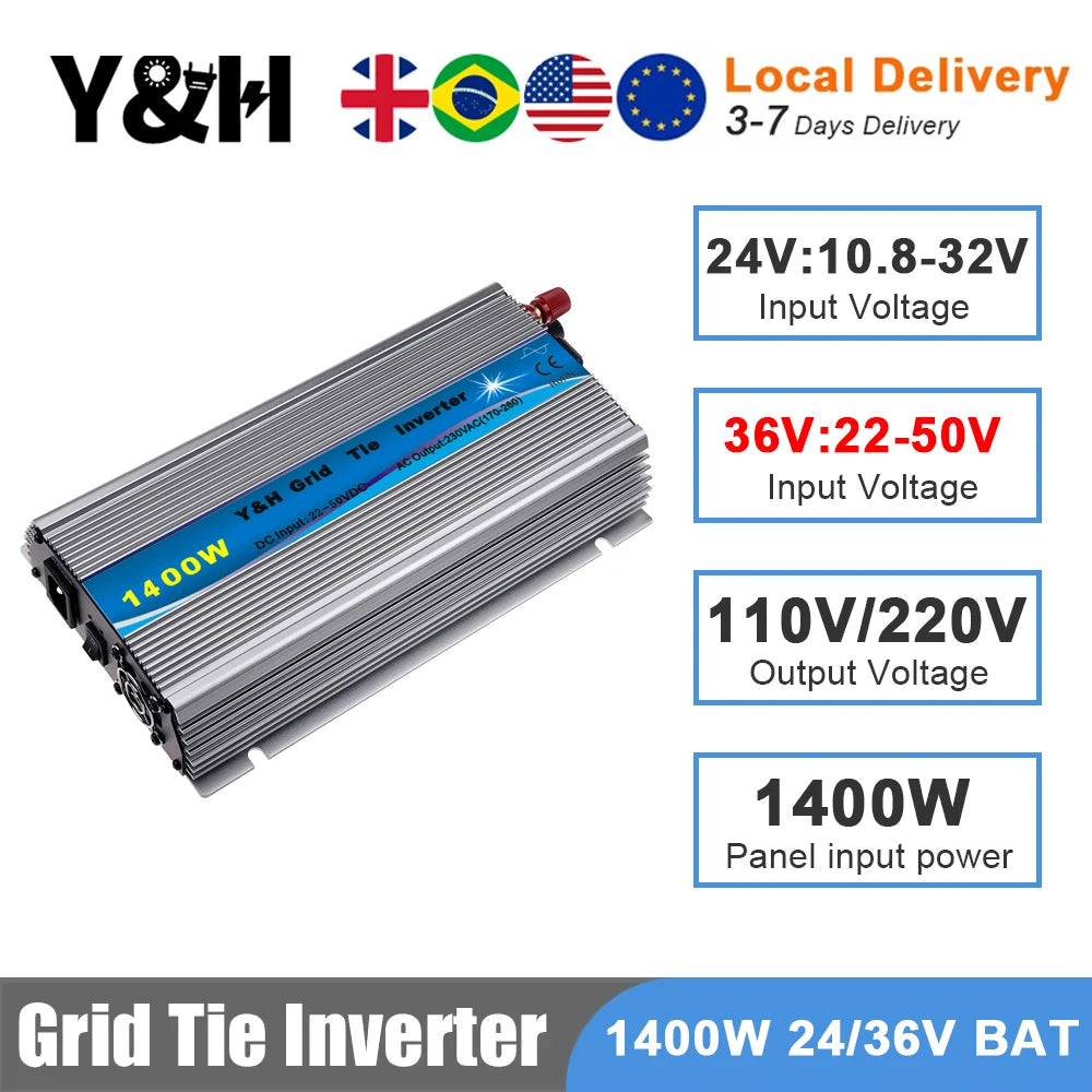 1400W MPPT Grid Tie Inverter, 24V/36V to 110V/220V Pure Sine Wave GTI-1000W