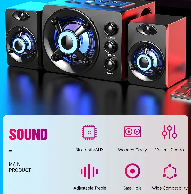 Portable Bluetooth 5.0 Home Theater Speakers with Subwoofer, Adjustable Bass & Colorful LED Lights