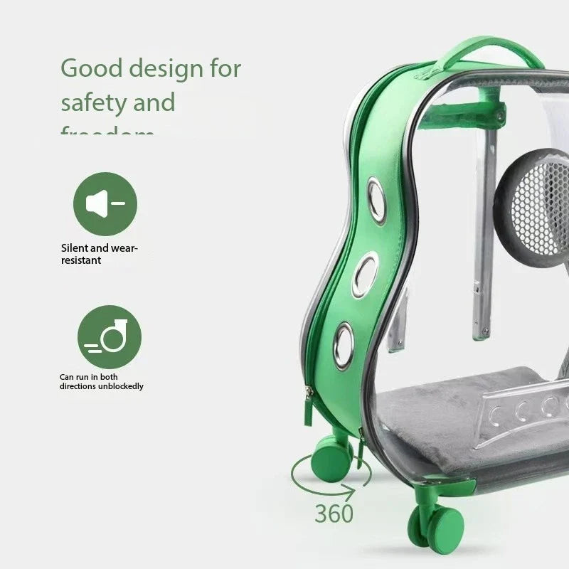 Green Pet Travel Trolley Case with Wheels for Small Animals
