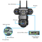 Solar 4G Outdoor Camera 64G 12MP 3-Lens, 10X Zoom, 8000mAh Battery, Remote Access