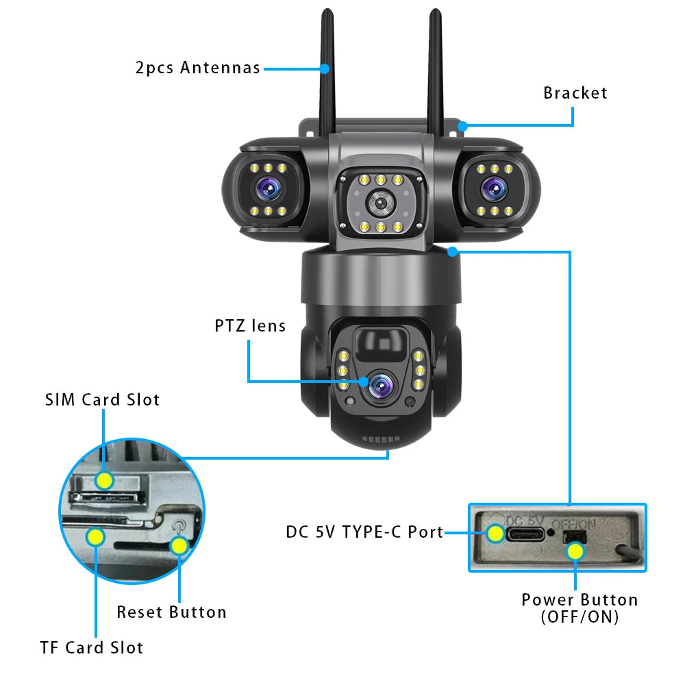 Solar 4G Outdoor Camera 64G 12MP 3-Lens, 10X Zoom, 8000mAh Battery, Remote Access