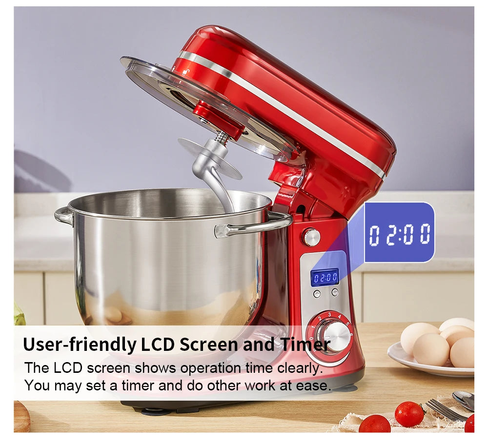 Red 1200W Kitchen Stand Mixer 6L, 6-Speed, Quiet Motor