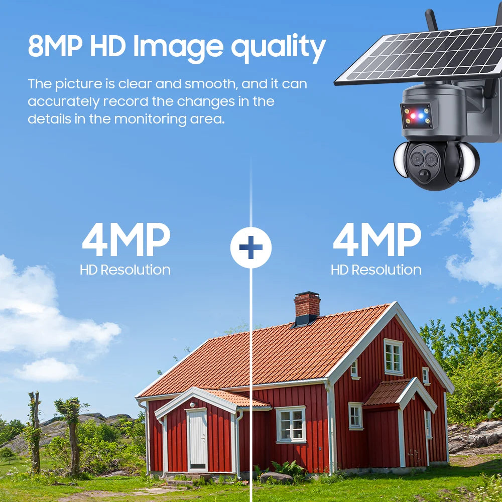 Outdoor Solar PTZ Security Camera 4K 8MP, Dual Lens, 12X Zoom, Night Vision, WiFi/4G Wireless