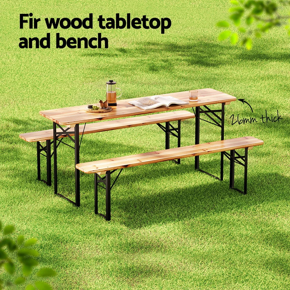 3pc Wooden Outdoor Dining Set with Folding Table and Benches – Seats 6