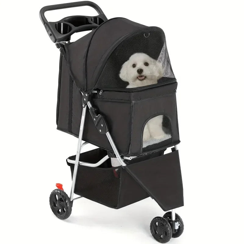 Lightweight Foldable Pet Stroller with 3 Wheels Waterproof Travel Carrier for Cats & Dogs up to 15kg