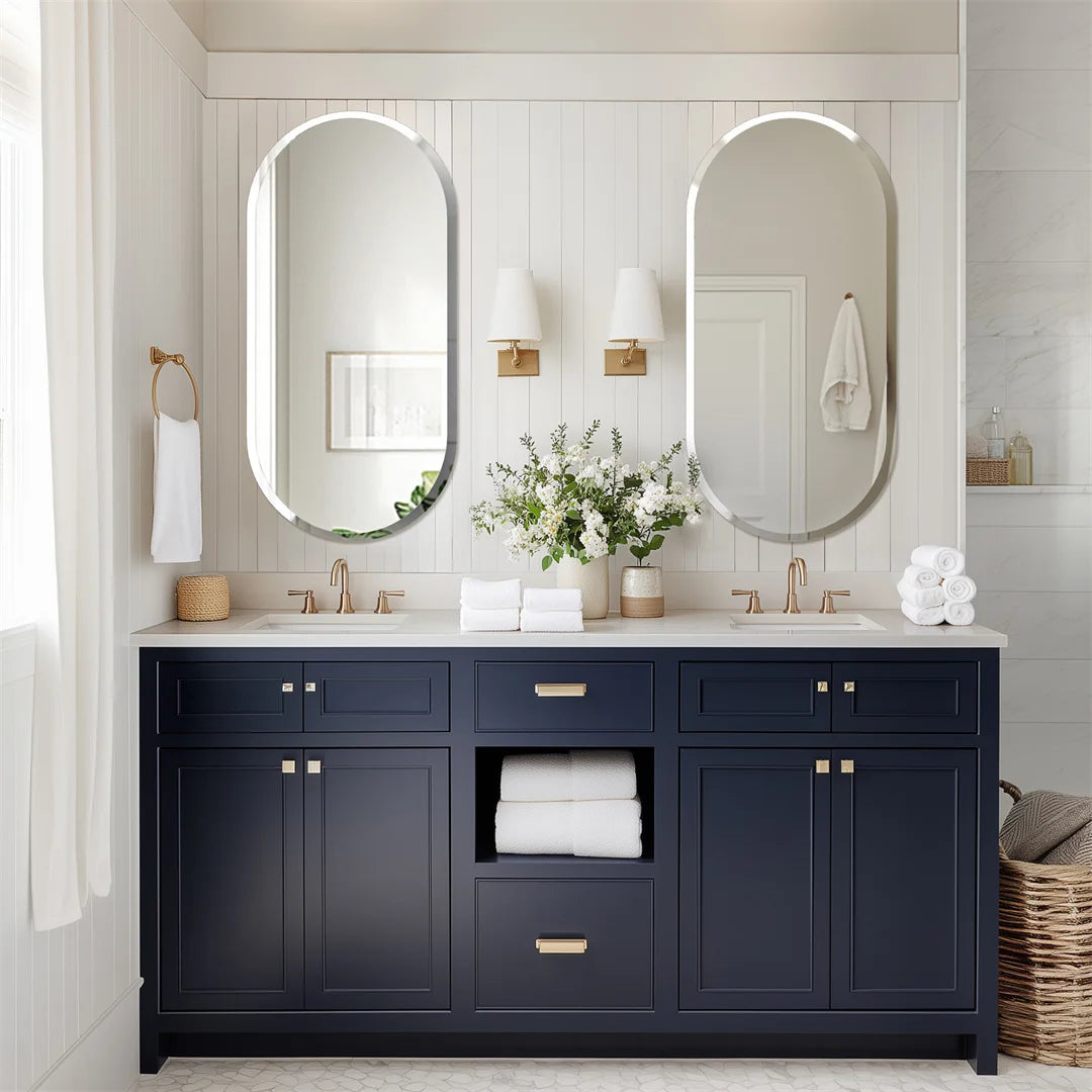 Frameless Oval Wall Mirror 80x50cm Beveled Edge, Modern Bathroom Vanity Style