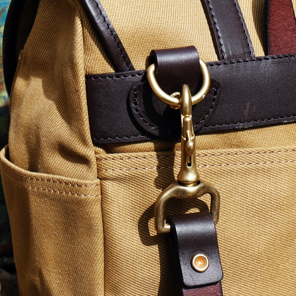 Khaki Vintage Canvas Travel Bag with Leather Strap – 14-Inch Unisex Shoulder Satchel