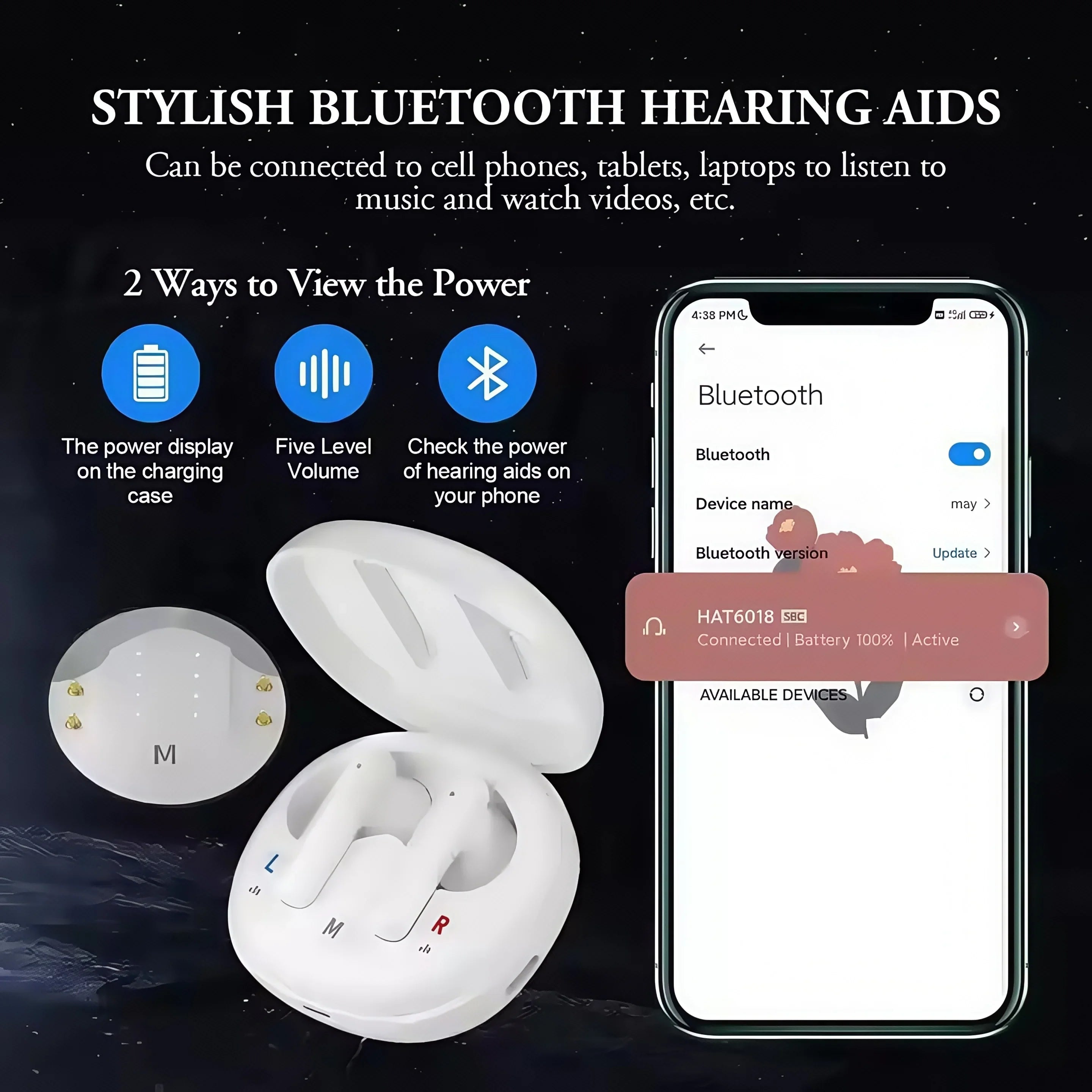 Digital Hearing Aid with Bluetooth, 25H Battery & 4 Sound Modes – Black