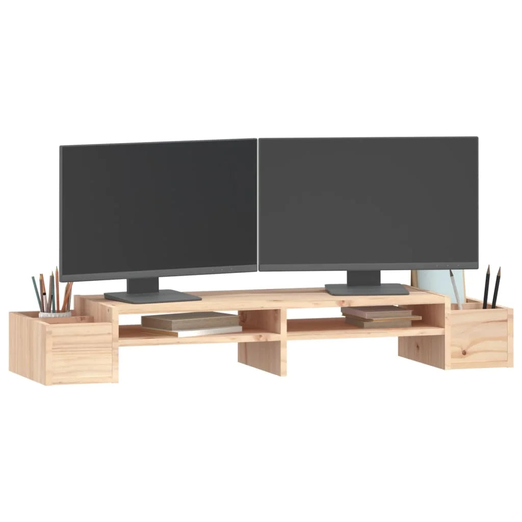 100cm Solid Pine Wood Monitor Stand with Storage Slots & Riser Shelf