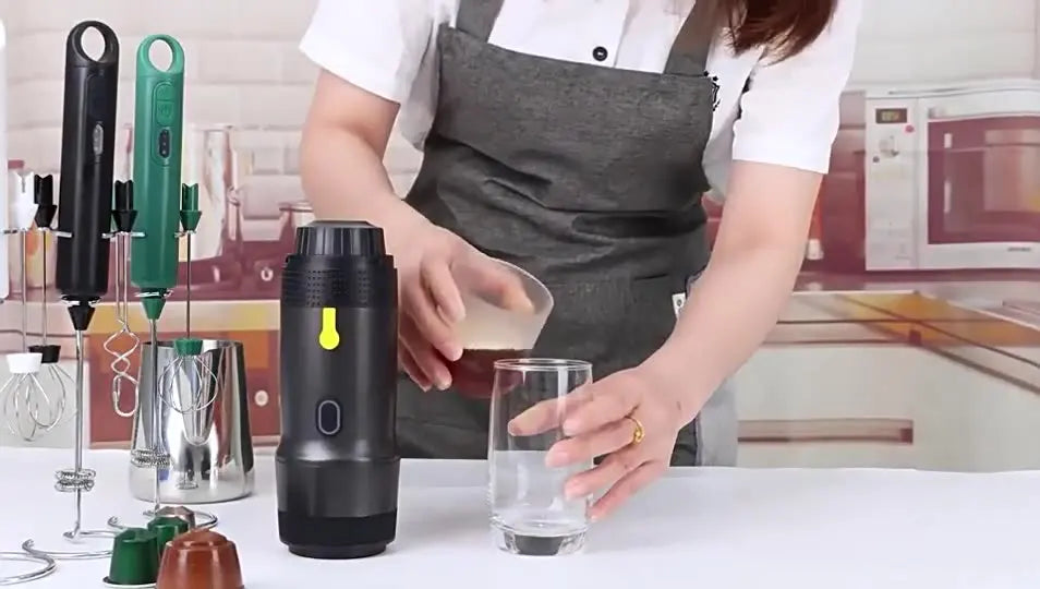 Portable 3-in-1 Capsule Coffee Machine Cordless, Rechargeable, for Home, Car & Camping