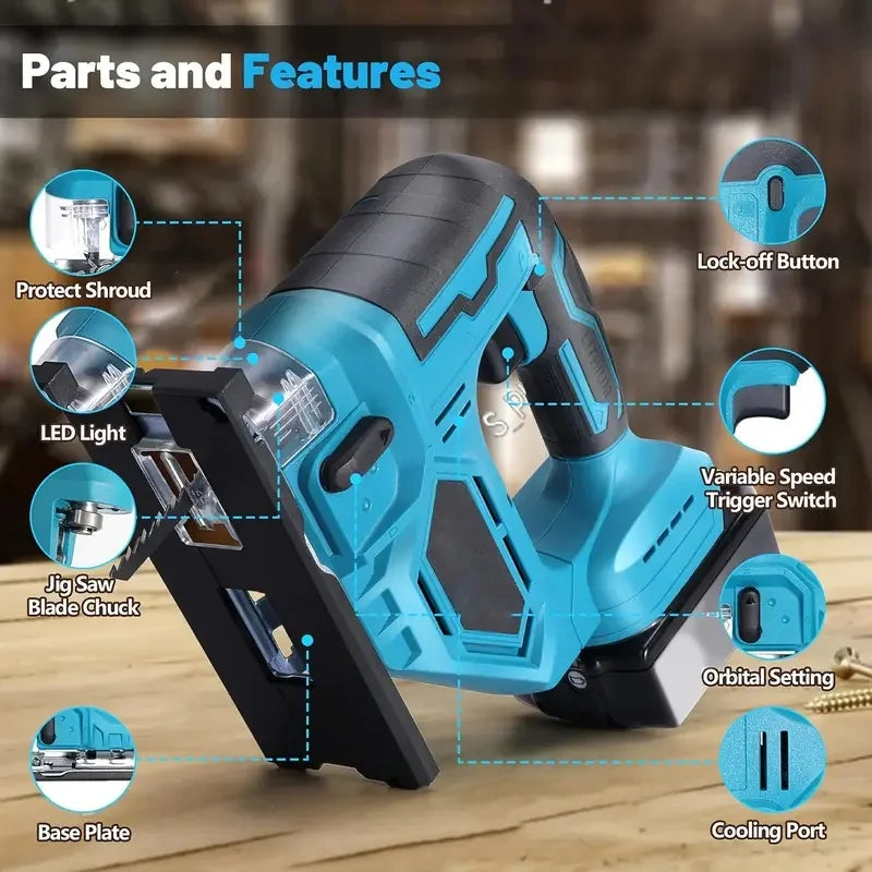 18V Cordless Curved Jigsaw – 3000RPM, Adjustable Bevel Cutting, Compatible with Makita Batteries