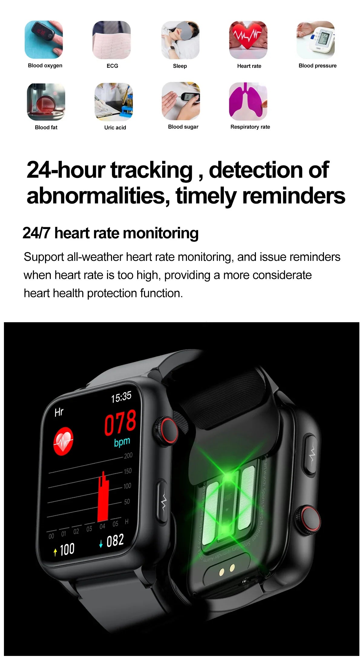1.91" Health Tracker Watch with ECG, BP, Uric Acid