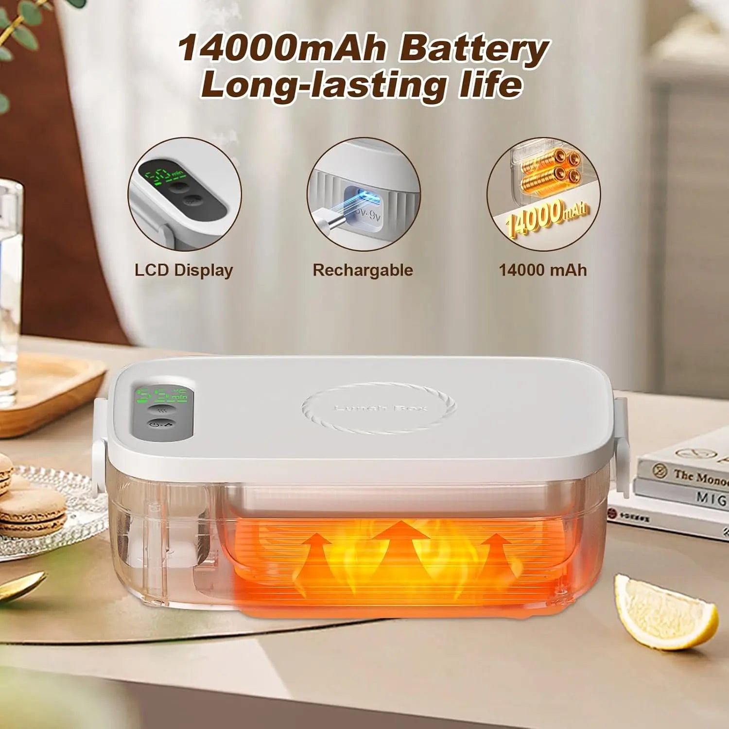 Rechargeable Heated Lunch Box 1L , 14000mAh Portable Food Warmer for Car, Picnic & Outdoor Use