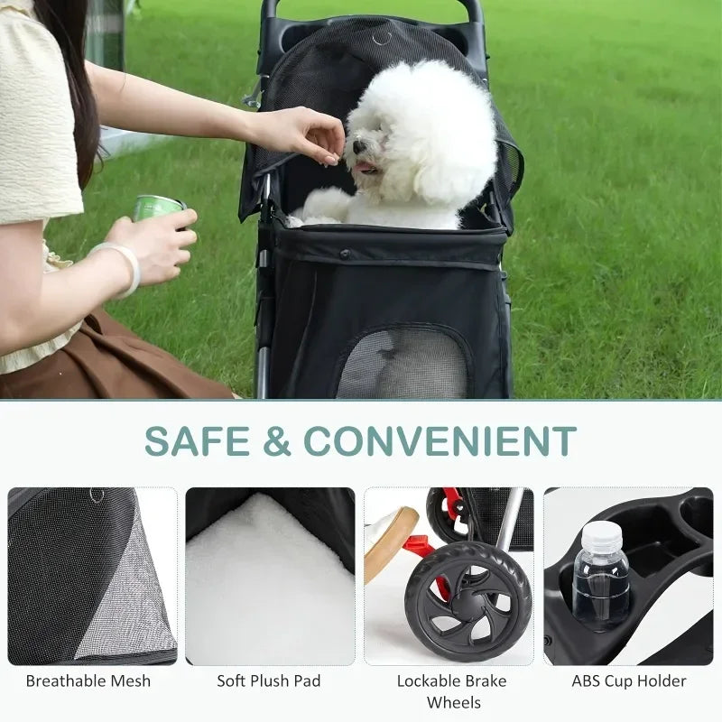 Lightweight Foldable Pet Stroller with 3 Wheels Waterproof Travel Carrier for Cats & Dogs up to 15kg